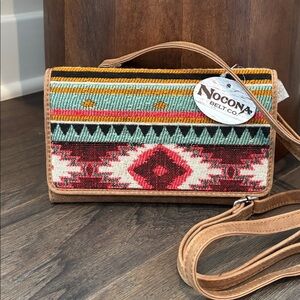 Nocona Annabelle Crossbody clutch leather trim,multi color Aztec woven print